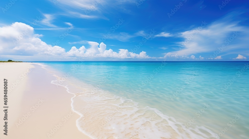 Tropical summer beach with golden sand, turquoise ocean and blue sky.