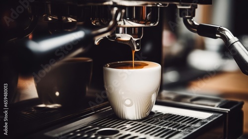 Espresso poruing from coffee machine at cafe 