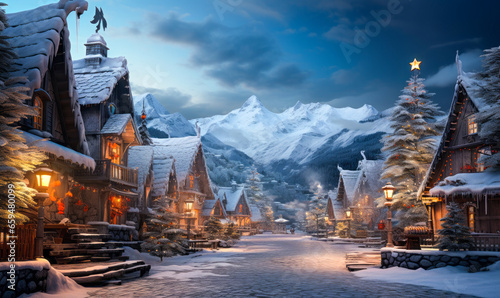 Yuletide Magic: Digital Painting of Santa's Village and Winter Landscape for a Merry Christmas Card background © Bartek