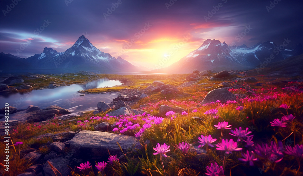 Marvelous summer day at sunset with grounds covered by pink wildflowers beautiful mountain landscape