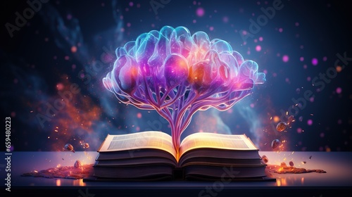  an open book with a glowing brain on top of it. generative ai
