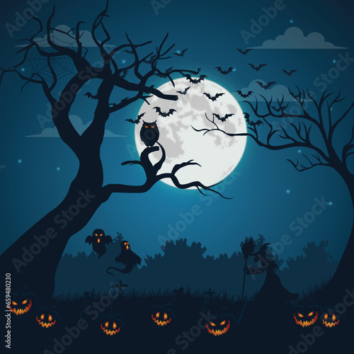 Vector witch and haunted place on a full moon night background