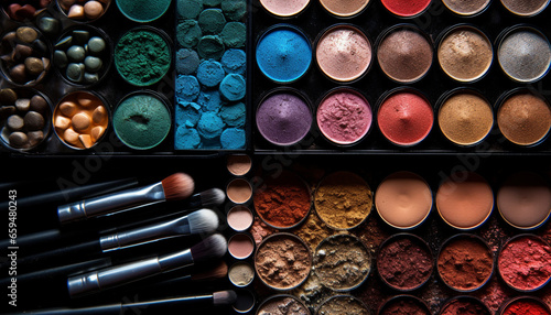 Vibrant beauty palette collection, with shiny colors in a row generated by AI