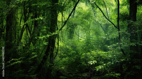 Mystical Fantasy forest dense with green trees