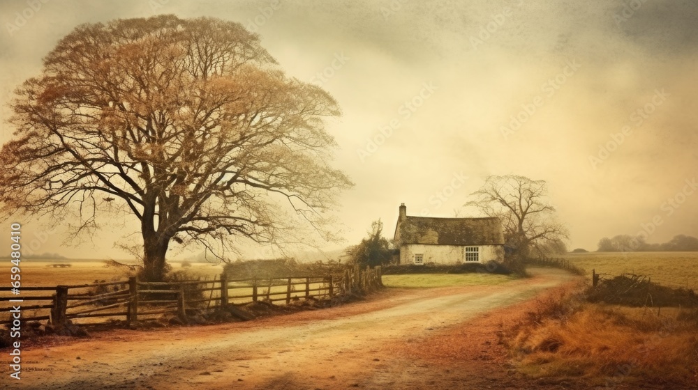 Naklejka premium Gloomy old scene with bare tree white cottage and scattered leaves