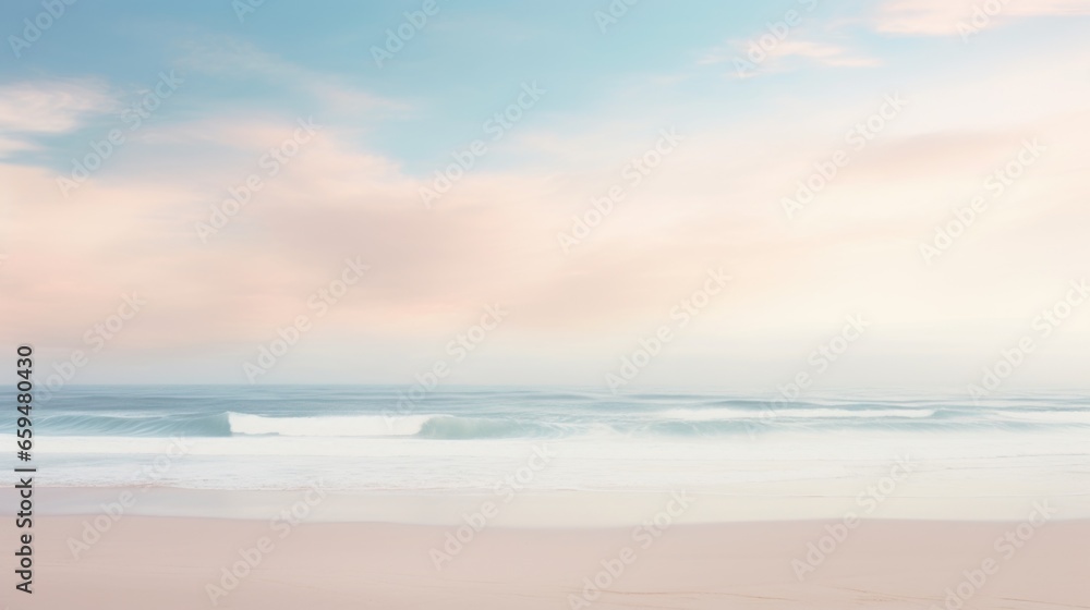 A beach with a pastel colored sky and the ocean in the background. - obrazy, fototapety, plakaty 