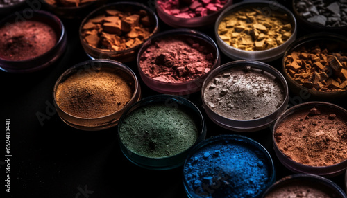 Vibrant eyeshadow palette collection, arranged in a high angle still life generated by AI