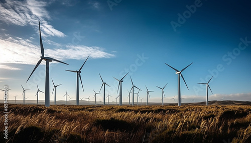 Silhouette of wind turbines spinning in blue sky, clean energy generated by AI © Stockgiu