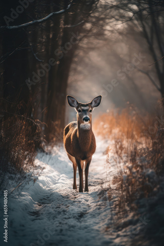 Female deer in winter woodland