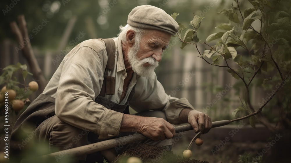Old man working outdoor. Gardening concept.