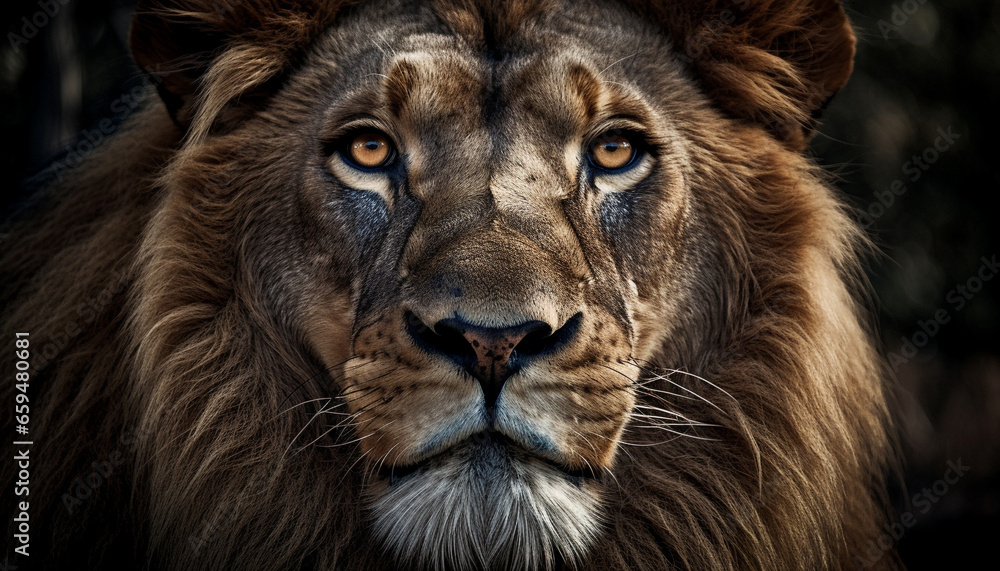 Majestic lion staring at camera, focus on foreground, wilderness area generated by AI