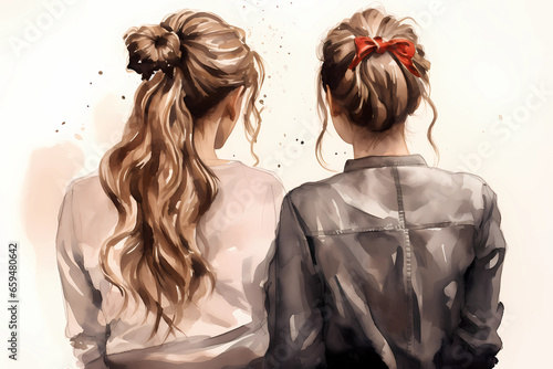 two girlfriend girls are standing next to each other, a view from the back. Best friends. Long hair. Watercolor illustration. the concept of female friendship