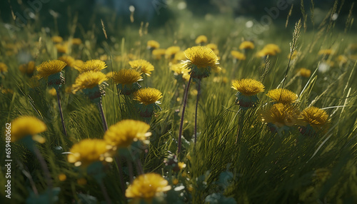 Vibrant daisy blossoms in a tranquil meadow at sunset generated by AI