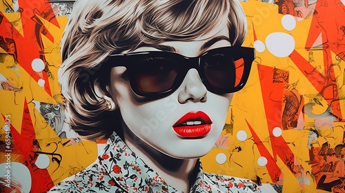 Pop art portrait of anger girl with sunglasses.