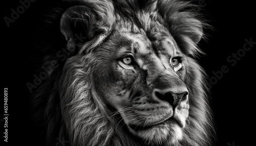 Majestic lion staring, teeth bared, in black and white portrait generated by AI © Stockgiu