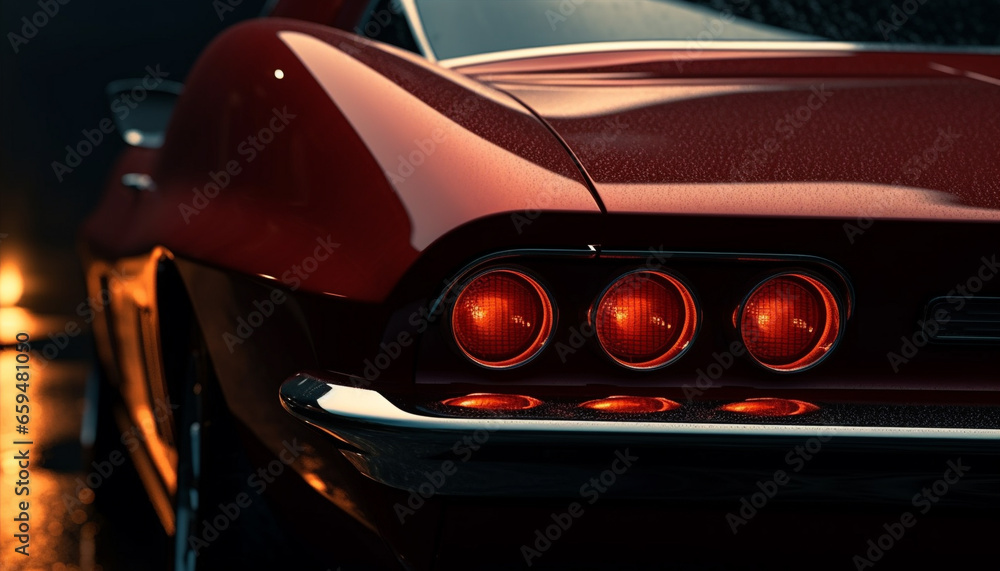 Shiny chrome sports car reflects city lights in motion blur generated by AI