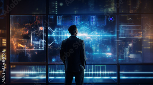back side view of a business man looking intently at a massive screen displaying these big data graphs and charts, futuristic and interactive visualization that embodies the essence of data science. 