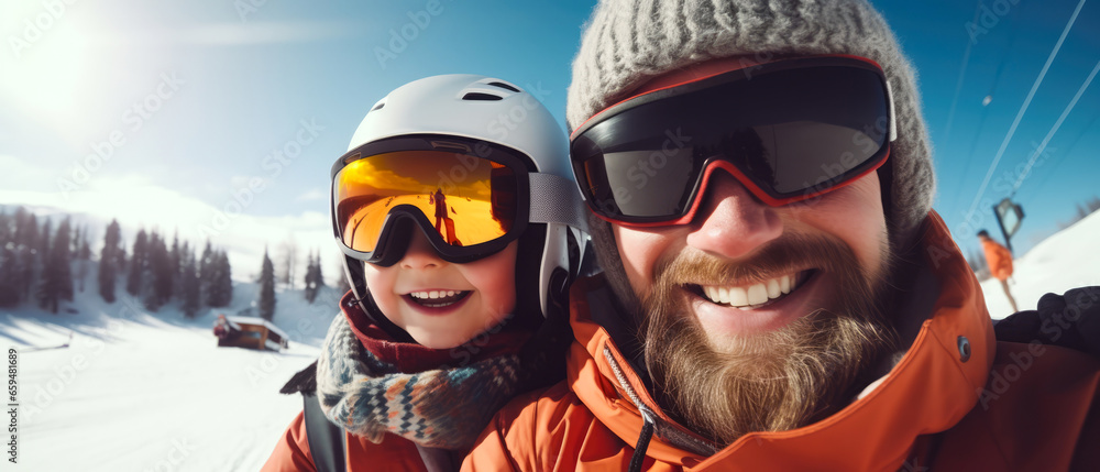 Selfie of happy father and son in snowboard equipment, glases on snowy ski resort. Familly vacation. Winter holidays concept. Generative ai Selfie of happy father and son in snowboard equipment, glases on snowy ski resort. Familly vacation. Winter holidays concept. Generative ai