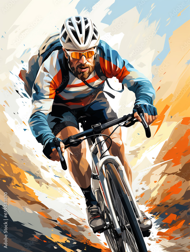 Cyclist riding the bike on a grunge splash background. Riding the Bike on the Trail. Extreme Sport.