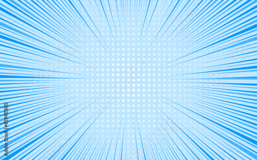 Blue sunburst rays with halftone pattern pop art comic style background. Vector illustration.