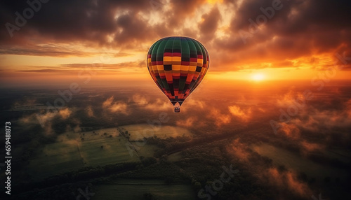 Hot air balloon flying over nature sunset landscape adventure generated by AI