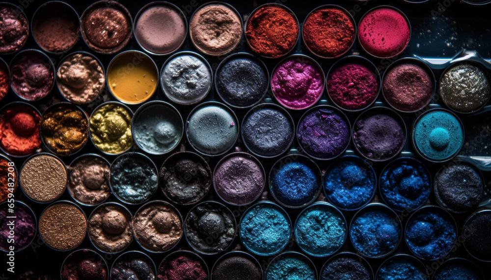 A large set of shiny eyeshadow in vibrant colors generated by AI A large set of shiny eyeshadow in vibrant colors generated by AI