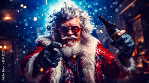 Man dressed as santa clause holding bottle of wine and pointing at it.