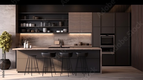 black and dark wooden colour kitchen builtin furniture home interior design background kitchen design with stylish colour and material scheme decorating kitchen in daylight,ai generate