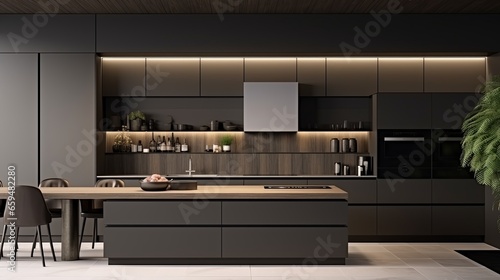 black and dark wooden colour kitchen builtin furniture home interior design background kitchen design with stylish colour and material scheme decorating kitchen in daylight ai generate