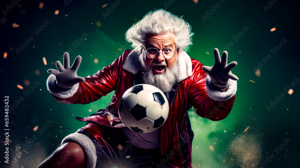Naklejka premium Man dressed as santa claus with soccer ball in his hand and wearing glasses.