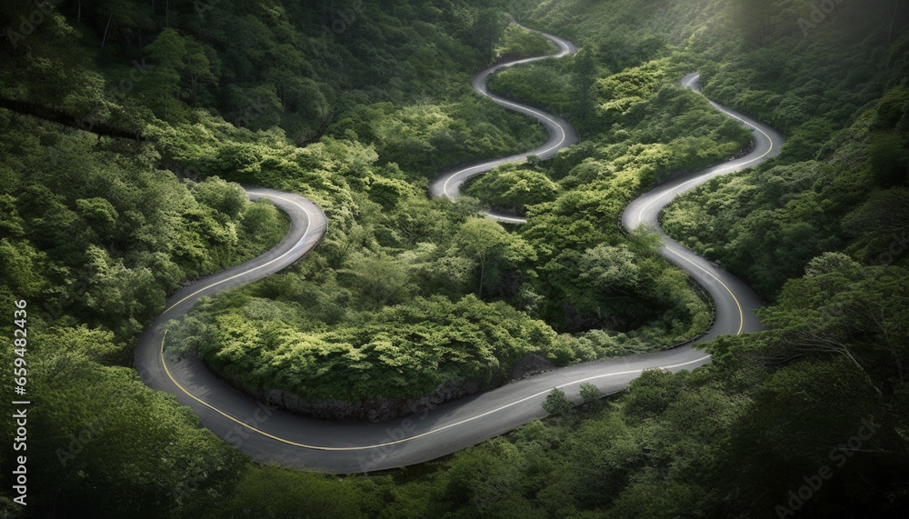Driving on winding rural roads, surrounded by green nature generated by AI Driving on winding rural roads, surrounded by green nature generated by AI