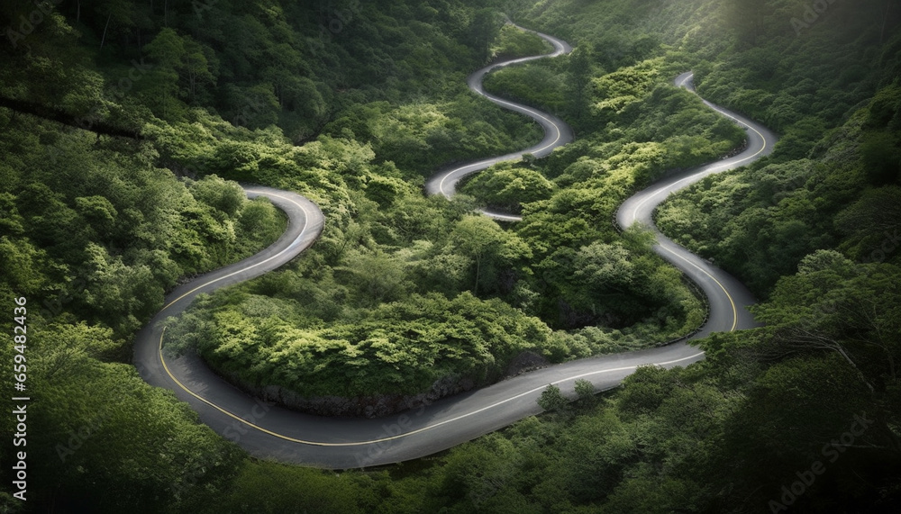 Driving on winding rural roads, surrounded by green nature generated by AI