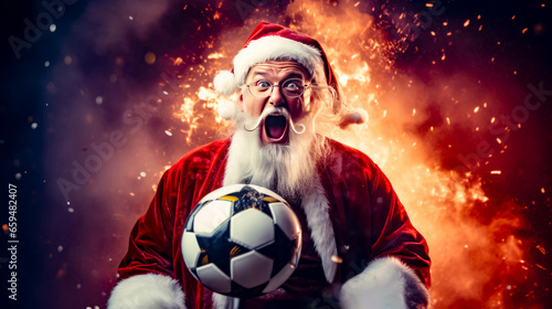 Man dressed as santa claus holding soccer ball in front of fire. © Констянтин Батыльчук