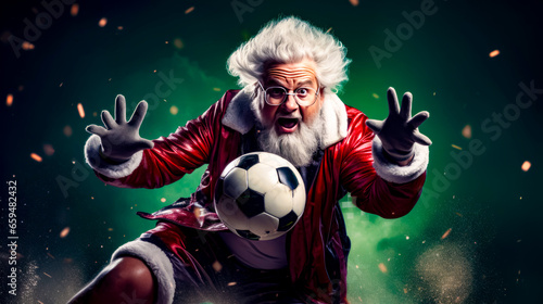 Man dressed as santa claus with soccer ball in his hand and wearing glasses. © Констянтин Батыльчук