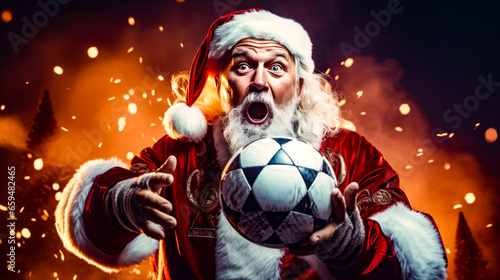 Man dressed as santa claus holding soccer ball in front of fire. photo