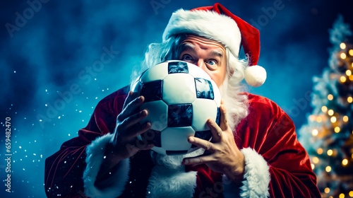Man dressed as santa claus holding soccer ball in front of his face. © Констянтин Батыльчук