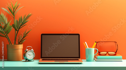 Minimal home office table with an orange background, the laptop and retro alarm clock  is on the white table 