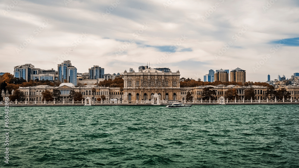 the enchanting facade of the Dolmabahce Palace in Istanbul photographed from the sea
