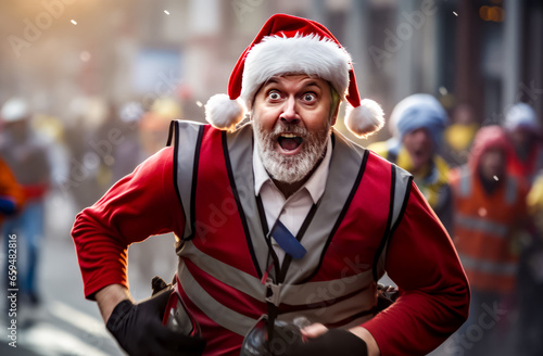 Man wearing santa hat and holding pair of gloves on his shoulder.