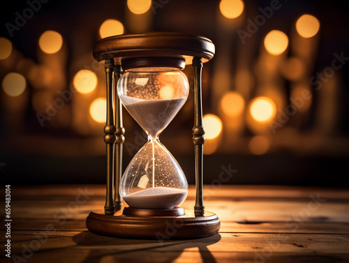Hourglass on an antique wooden desk, grains of sand trickling, dim candlelight, old - world atmosphere