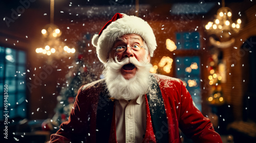 Man in santa suit making funny face with his mouth wide open.