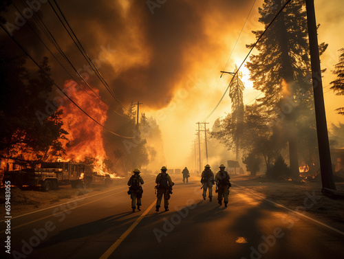 California wildfire, trees ablaze, firefighters in protective gear, battling the fire, thick plumes of smoke