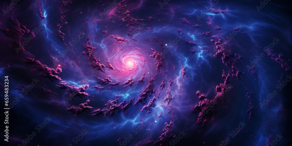Whirlpool Galaxy interacting with the nebula, gravitational dance, glowing purple and electric blue tendrils, spiral arms
