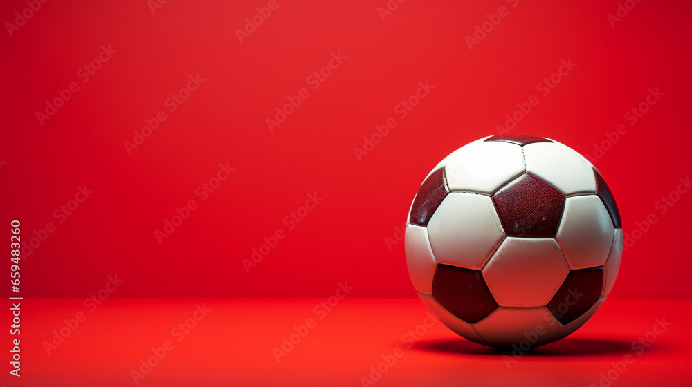 classic soccer ball on the red table with isolated red background, copy space classic soccer ball on the red table with isolated red background, copy space