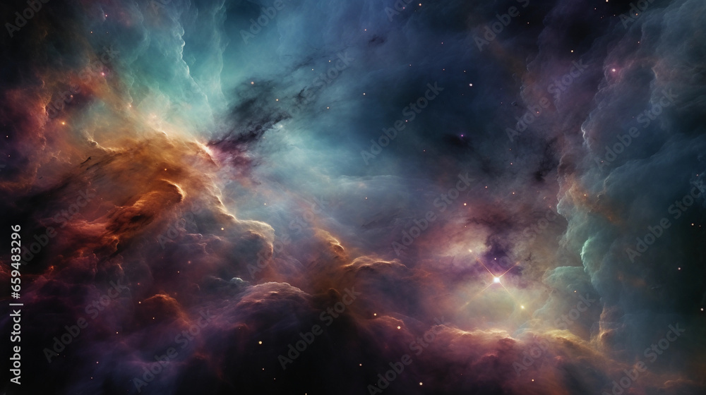 Orion Nebula, celestial hues of purple, teal, and gold, cosmic swirls, dust clouds, star - forming region, gaseous expanse