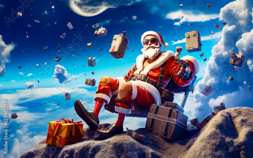 Santa clause sitting on top of pile of presents in the sky.
