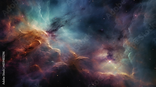Orion Nebula  celestial hues of purple  teal  and gold  cosmic swirls  dust clouds  star - forming region  gaseous expanse