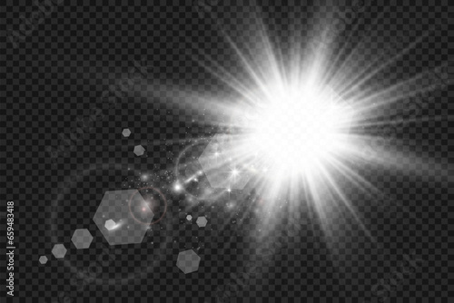 Special lens flash, light effect. The flash flashes rays and searchlight. illust.White glowing light. Beautiful star Light from the rays. The sun is backlit. Bright beautiful star. Sunlight. Glare.	
