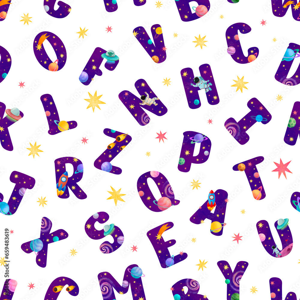 Space abc seamless pattern. English alphabet letters. Stars, planets, rockets, astronauts, galaxy, comet, asteroid, meteor. Isolated on white background Space abc seamless pattern. English alphabet letters. Stars, planets, rockets, astronauts, galaxy, comet, asteroid, meteor. Isolated on white background