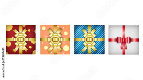 Set of gifts box. Collection realistic 3d gift presents view top. Vector illustration. Set of Christmas gifts wrapping paper. Christmas presents for social media, blog articles.